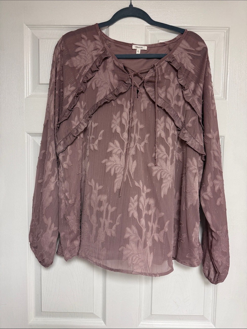 Maurices Mauve Floral Ruffle Tie-Neck Blouse